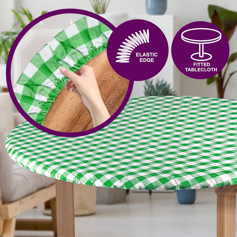 Sorfey Round Tablecloth -Fitted with Elastic, Vinyl with Flannel Back, Fits for Table 30 Inches Round,Water Proof, Easy to Clean, Checked Green Design - Image 3